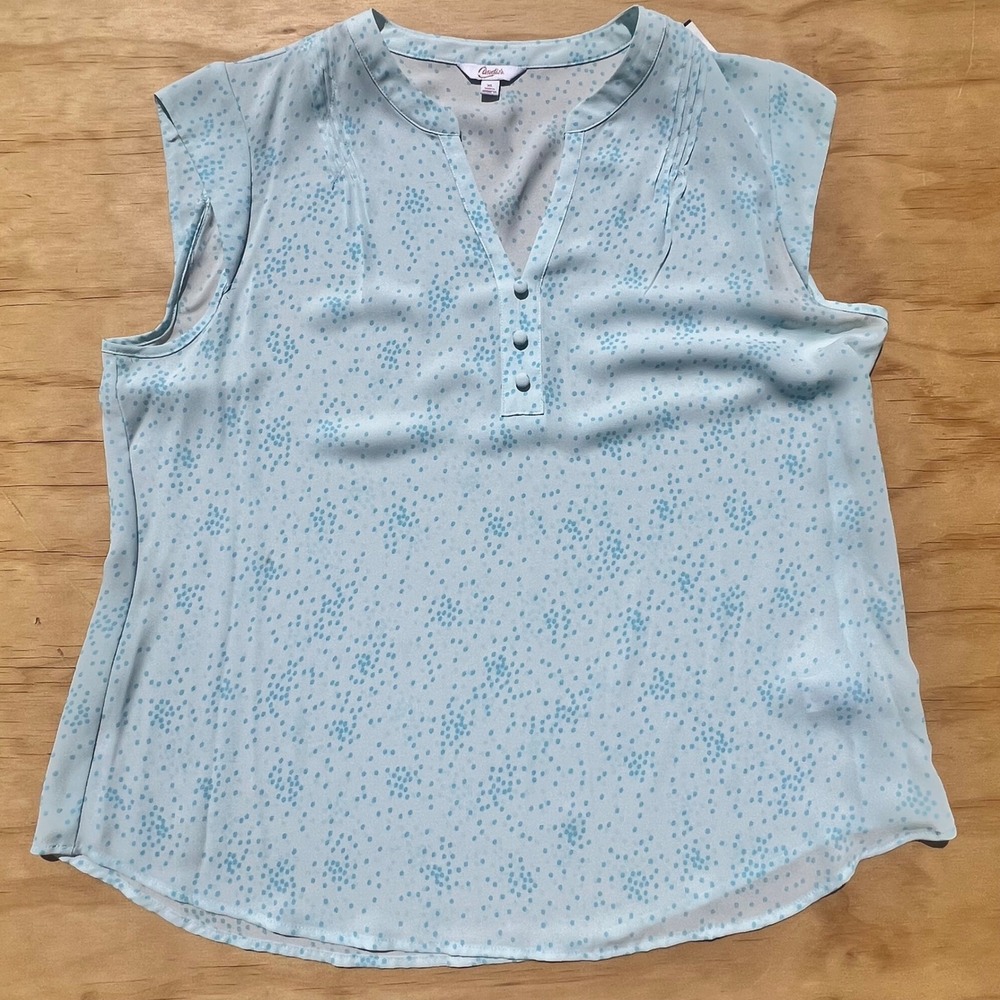 Candies Light Blue Dotted Sleeveless Blouse V-Neck Pleated Top XL
